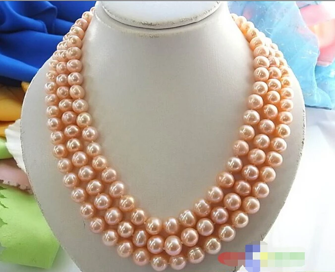 

Free shipping@@@@@ 3ROW 11MM PINK ROUND FRESHWATER CULTURED PEARL NECKLACE SHELL p848