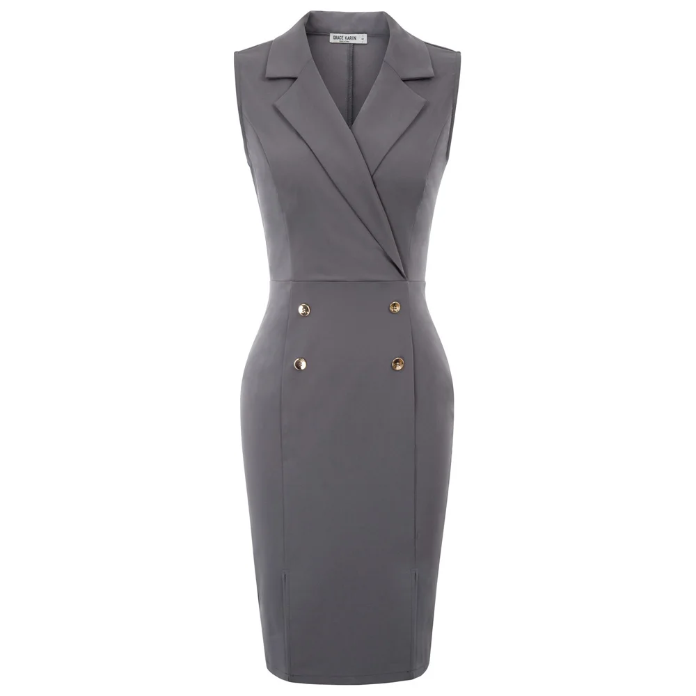 

GK Women Sleeveless Lapel V-Neck Front Split Hips-Wrapped Bodycon Pencil Dress