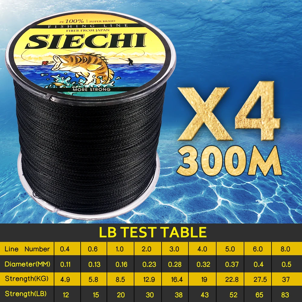 SIECHI Fishing Braid 300M 4 Strands Multifilament Fishing line Carp Fishing 12 15 20 30 38 43 52 62 83lb