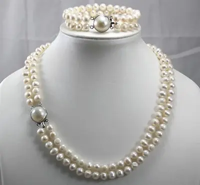 

2 Row 7-8MM Freshwater Cultured pearls Necklace Bracelet Set