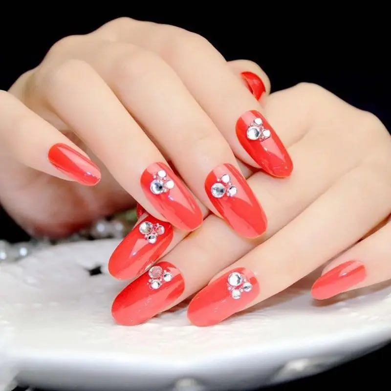 Red False Nails Tips Oval Fake Nails 3D Rhinestones Nail ...