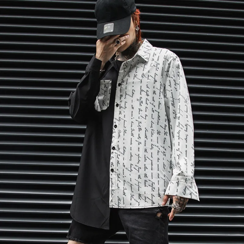 Asymmetric design punk rock hip hop men long shirt Korean fashion printed vintage shirts man harajuku casual blouse streetwear