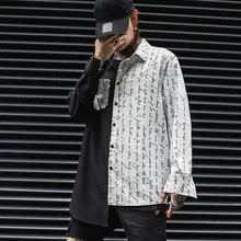 Asymmetric design punk rock hip hop men long shirt Korean fashion printed vintage shirts man harajuku casual blouse streetwear
