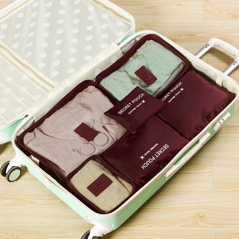Сумка для путешествий из водонепроницаемого материала, 6 шт., высокое качество, ткань Оксфорд, для хранения багажа, для сортировки одежды, набор из шести вещей, дорожная сумка - Цвет: wine red