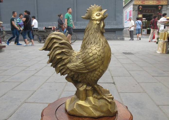 

12"Chinese Folk pure Brass carve Wealth Chicken Cock Lucky fengshui statue statues garden decoration