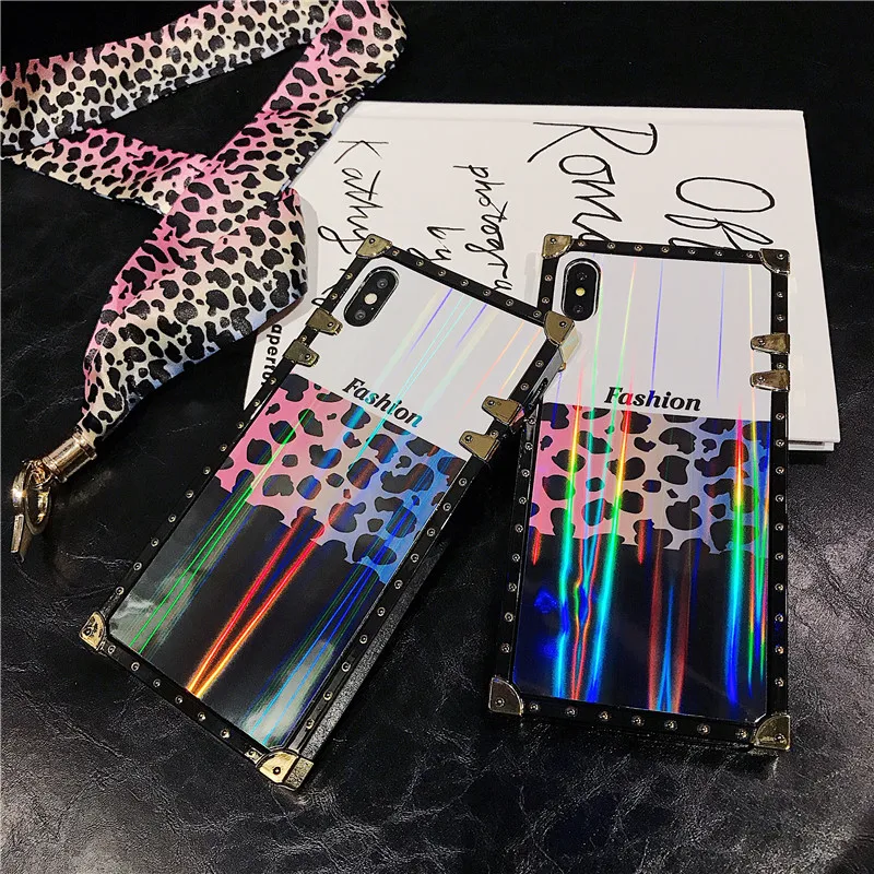 

Glitter Aurora laser Leopard phone case with strap for Samsung S8 S9 S10 plus S10E note 8 9 Square soft shell M20/M30 back cover