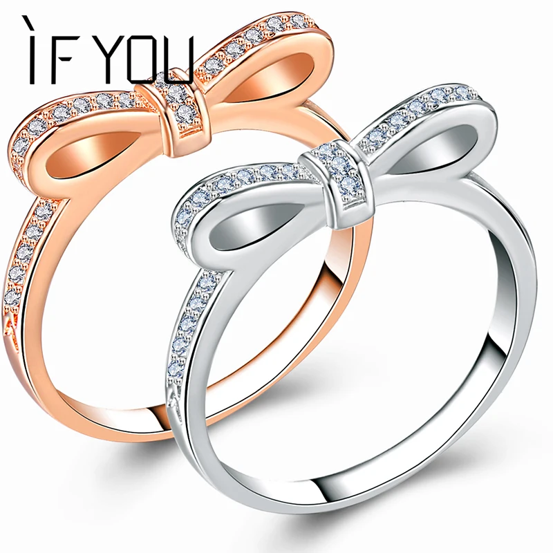 

IF YOU Rose Gold Color Bowknot Rings For Women High Quality Fashion Crystal Lovely Silver Color Wedding Rings Jewellery Gift