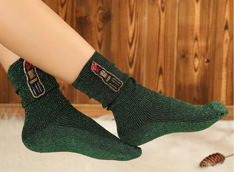 

New Handmade beading lipstick Socks Women Cotton Autumn Winter Socks Long Lace Funny Socks Warm Shiny Ladies Harajuku Socks