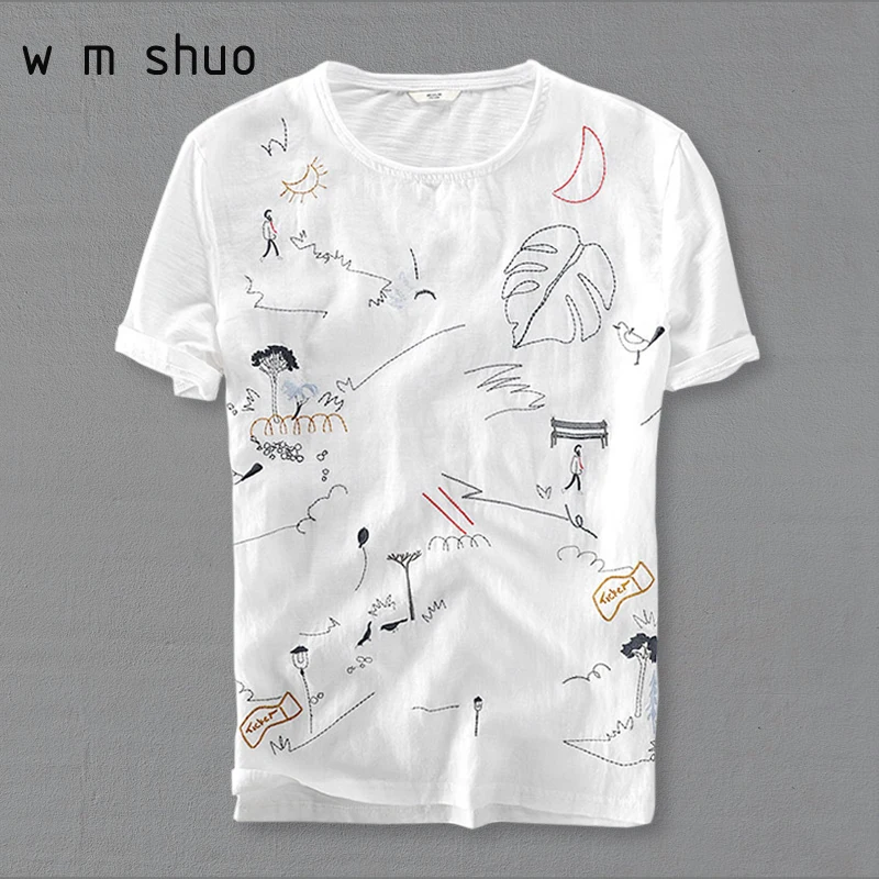

Cotton Linen Stitching Short Sleeve T-shirt Men Casual Loose T shirt Cartoon Embroidery Tshirt Y578