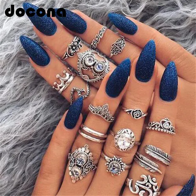 docona Antique Silver Color Flower Leaf Heart Crown Hand Shape Rings Set for Wom docona Antique Silver Color Flower Leaf Heart Crown Hand Shape Rings Set for Wom