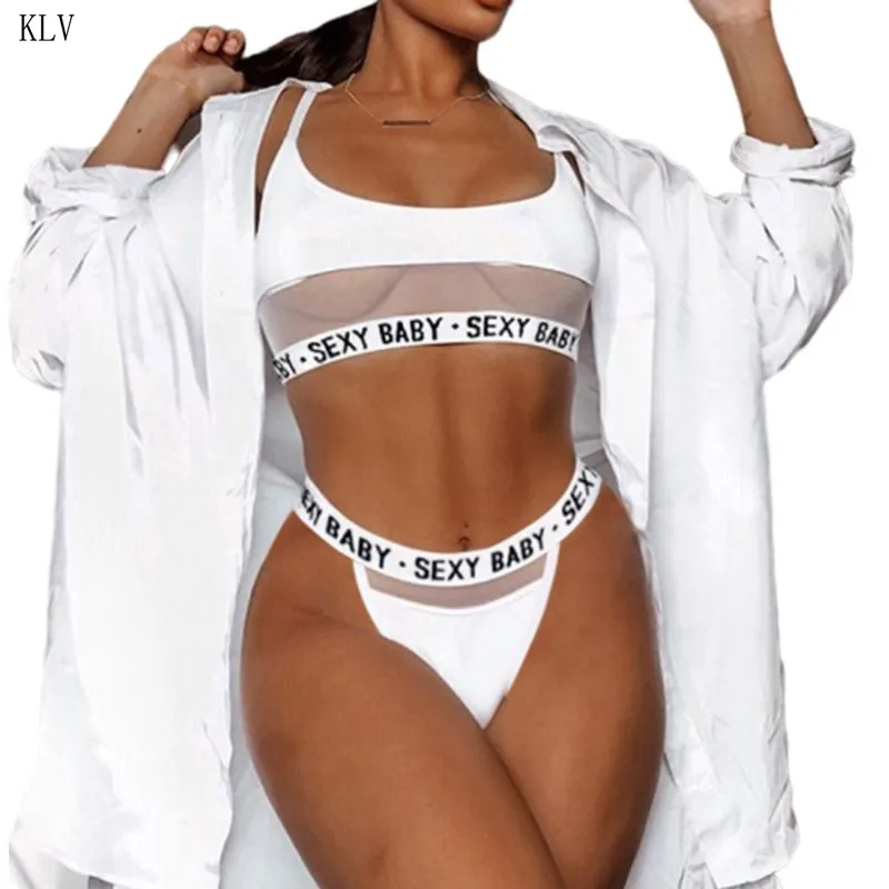 Women Sexy Sheer Mesh Patchwork Underwear Lingerie Set Letters Print Solid Color Bralette Low Rise High Cut Thong Sport