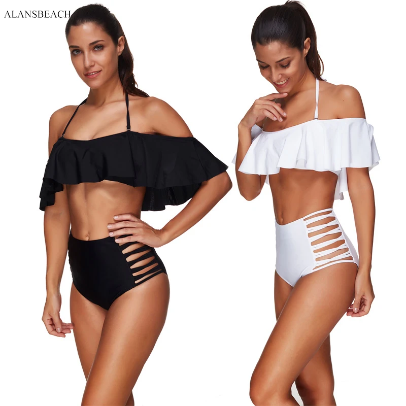 ALANSBEACH High Waist Bikini Ruffle Bikini Sets Bandeau Swimsuits Wire Free Bathing Suits 2018 Maillot De