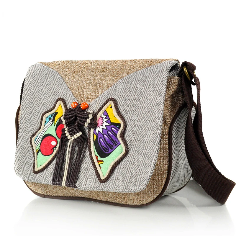 Butterfly Appliques Women Casual Canvas Saddle Bag Retro Style Ladies