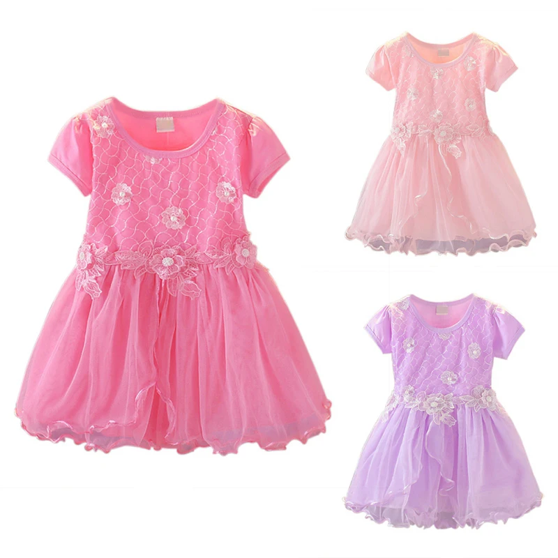 

Summer Casual Baby Girls Short Sleeve Dress with Lace Floral Design Kids Toddler Pageant Princess Mesh Sundress