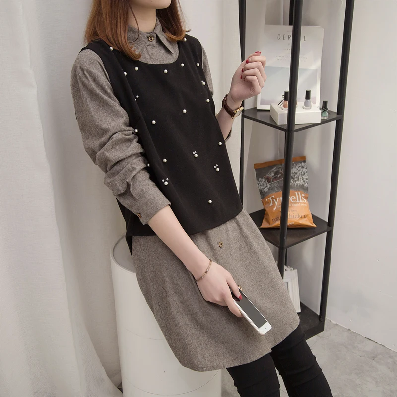 

xl - 5xl lady spring autumn new nail beading fashion elegant cloth two-piece long sleeve shirt + vest female work wear K108