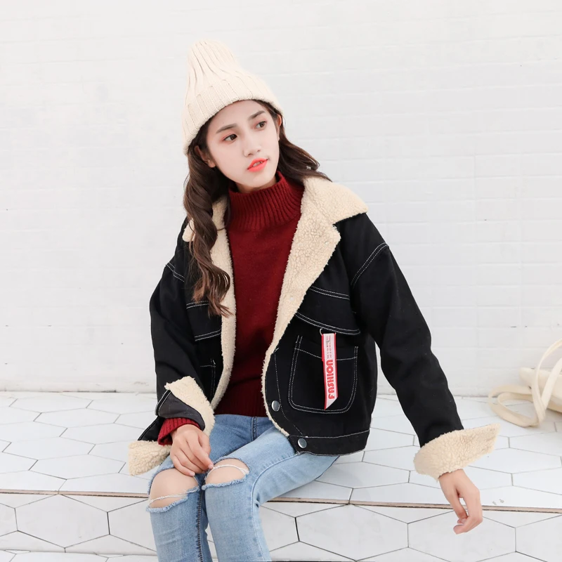 

Spring Autumn Winter New 2018 Women Black jean Coat With 4 Pockets Long Sleeves Warm Jeans Coat Outwear Wide Denim Jacket