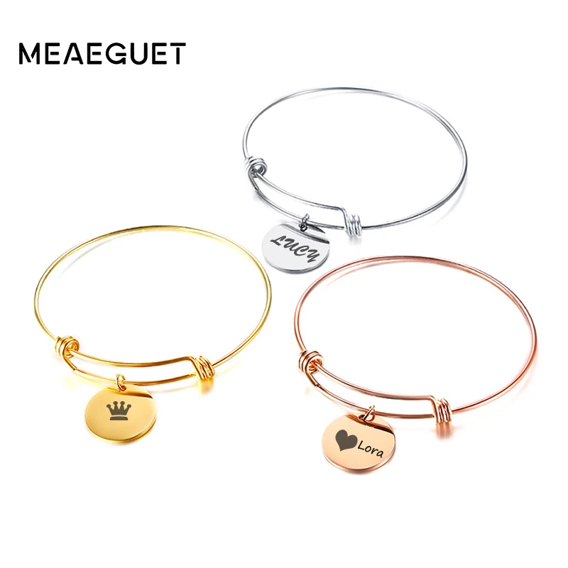 

Personalized Stainless Steel Women Bangle Bracelet Adjustable Rose Gold Silver Circle Customized Female Pulseira Feminina