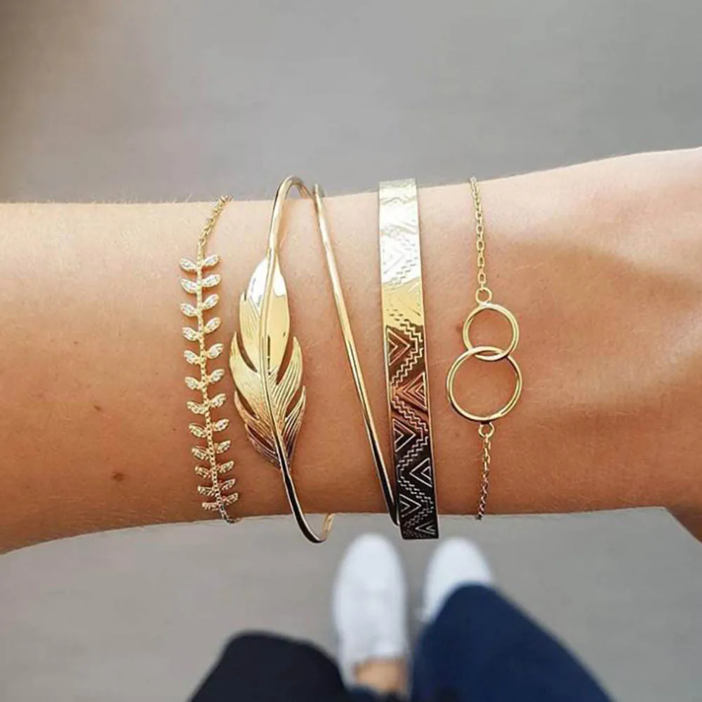 

5Pcs/Set Vintage Pattern Bracelet Women Leaves Crystal Round Chain Opening Gold Multilayer Party Bracelet Lover Gift Accessories