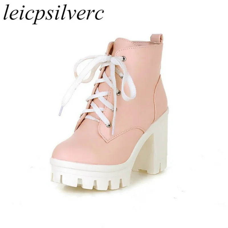 

Women Boots Autumn Winter Warm Shoes Super High Heel Pu Lace Up Platform 2017 New Sexy Fashion Ankle Motorcycle Black Pink Beige