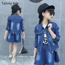 Tammy Ada/Коллекция года, джинсовый комплект одежды для девочек, комплекты детская джинсовая куртка+ платье, комплект, Повседневная Детская осенняя однотонная куртка+ Vestido, костюм