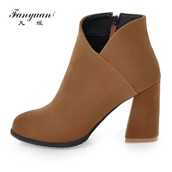 

Fanyuan Brand Thick high Heel Pointed Toe Faux Leather Wedding Red Fashion Style Women Ankle Boots Spring Autumn Shoes
