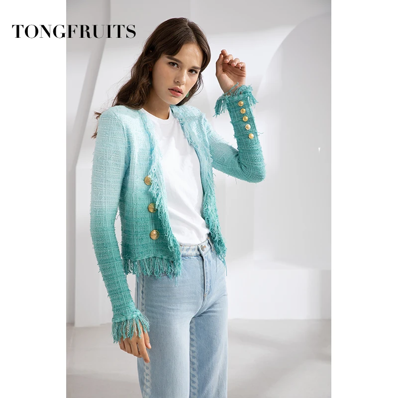 Spring Autumn Office Lady Women Gradient Blue Coats Irregular Outwears Double Breasted Cardigan Short Slim Tassel Jackets