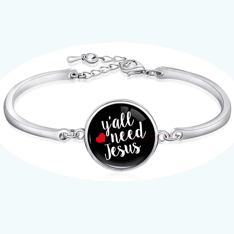 

Adjustable Silver Plated What a Friend We have In Jesus Charm Design Open Bangle for Lover Women Gift Glass Cabochon Chain Link