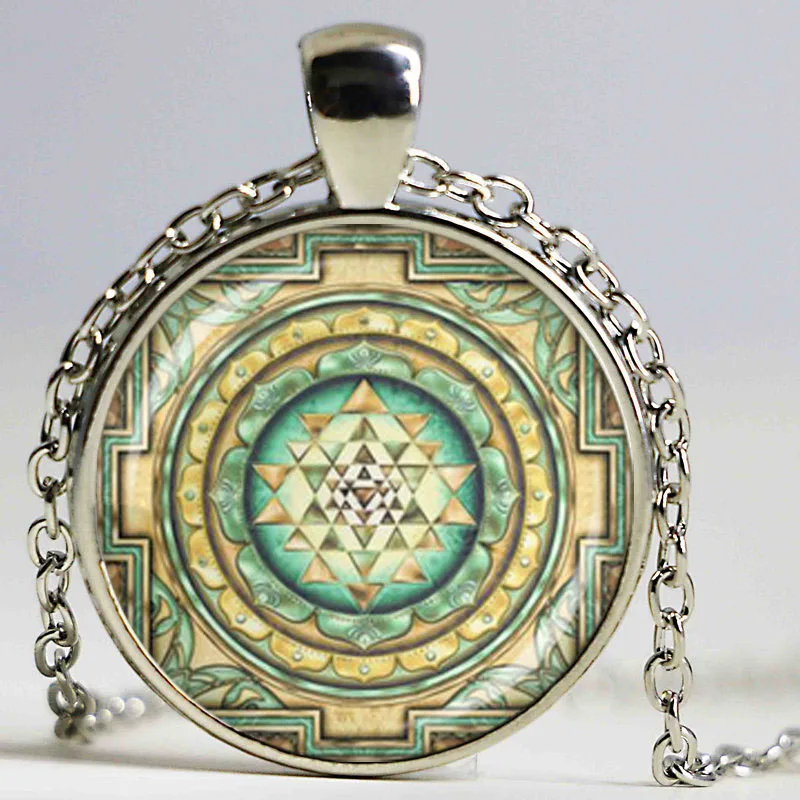 Sri Yantra Glass Dome Pendant Necklace DIY Handmade Sared Geometry Buddhist Religion Jewelry Vintage Charm Unique Gift