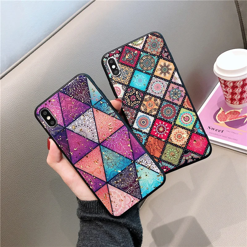 

Bling gold foil Phone Case For iPhone XS Max XR case For iPhone 7 8 6 6s Plus Retro Flower Pattern soft silicone Case