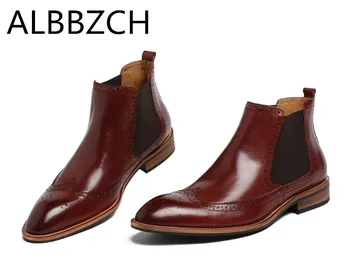 

New mens chelsea genuine leather boots pointed toe carving design fashion ankle work boots quality cow leather motorcycle boots