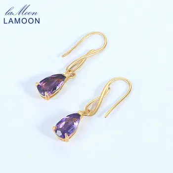 

LAMOON 100% Natural Amethyst Drop Earring For Women Concise Style Water Drop 925 Sterling Silver Gold Color Fine Jewelry EI077