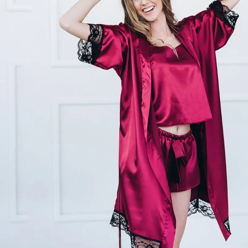 

Women Sexy Imitation Silk Half Sleeves Bathrobe Scalloped Lace Trim Open Front Nightgown With G-String Satin Sash Sleepwear Set