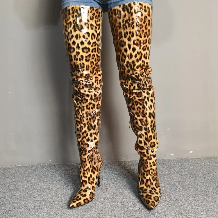Olomm/новые женские блестящие сапоги до бедра сапоги на высоком каблуке-шпильке пикантные леопардовые вечерние туфли с острым носком женская обувь; американские размеры 5-15