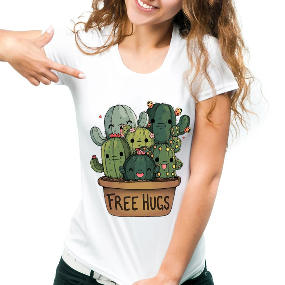 

Summer short sleeve Cute Cactus Free Hugs print women t-shirt casual o-neck slim girl's t shirt summer tshirt tee shirts
