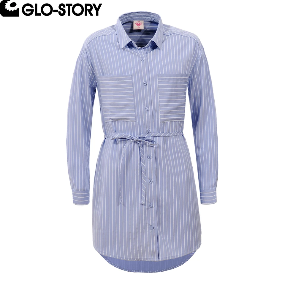 

GLO-STORY 2018 Teens Children Clothes Girls Casual Long Sleeve 2018 New Spring Striped Shirt Dresses with Belt GYQ-4688