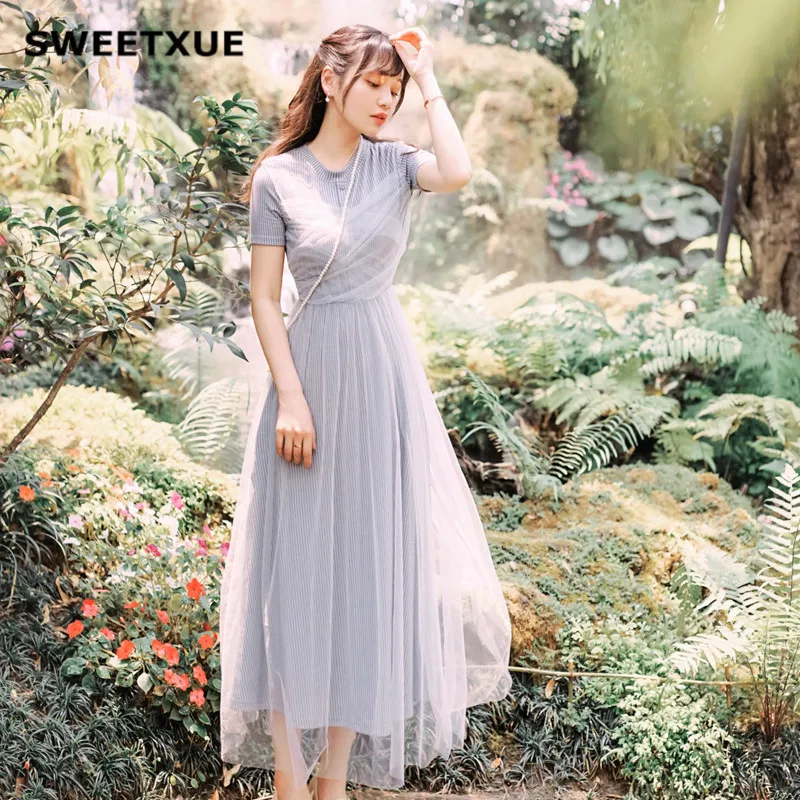 

SWEETXUE Retro Fairy Sweet Dress Summer Female Knit Stitching Chiffon Striped Button Decoration Chic Party Long Dresses Women