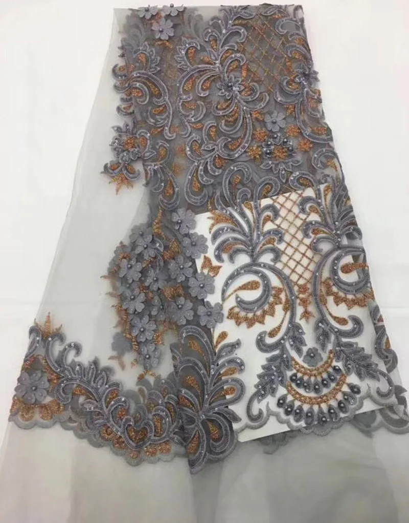 

(5yards/pc) High grade French net lace fabric grey African tulle lace with sequins beads and 3d flowers for party dress FLC859