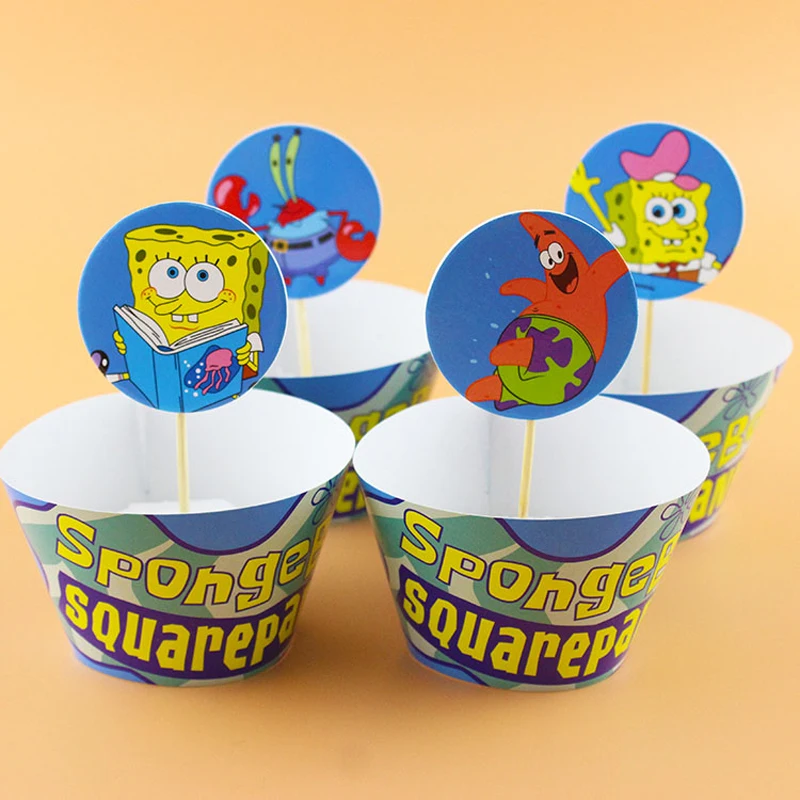 

Birthday Party Decoration Theme Baby Shower Kids Favors Spongebob Theme Cake Toppers DIY Cupcake Wrappers Events Supplies 24pcs