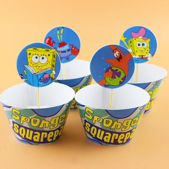 

Birthday Party Decoration Theme Baby Shower Kids Favors Spongebob Theme Cake Toppers DIY Cupcake Wrappers Events Supplies 24pcs