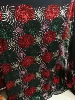 

Tri-color sequins embroidered black bottom mesh gauze African lace fabric 5241 sequined lace fabric Nigeria as dress fabric