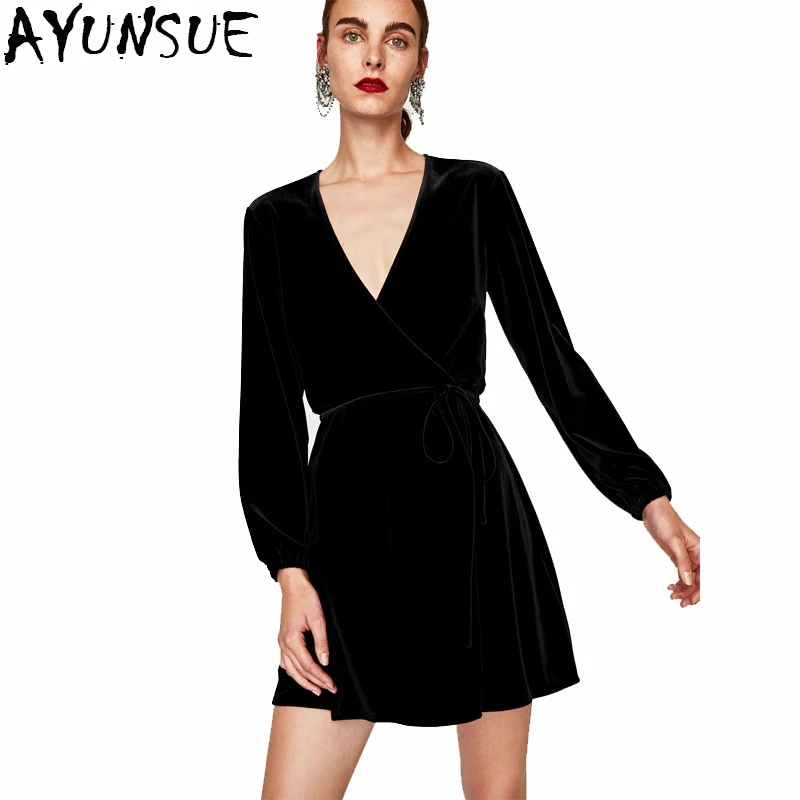 AYUNSUE Новинка 2021 женские сексуальные бандажи платье черного бархата Bodycon Платья