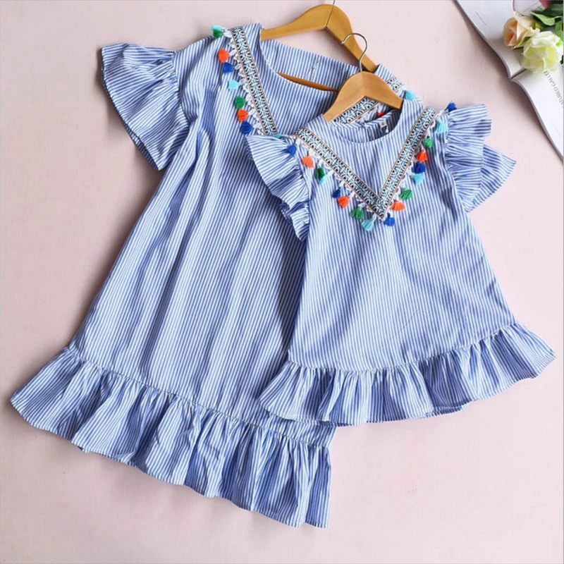 Mom Dress Outfits Family Matching Newborn Baby-Girl Daughter Mini And Tassel Stripe Quarter