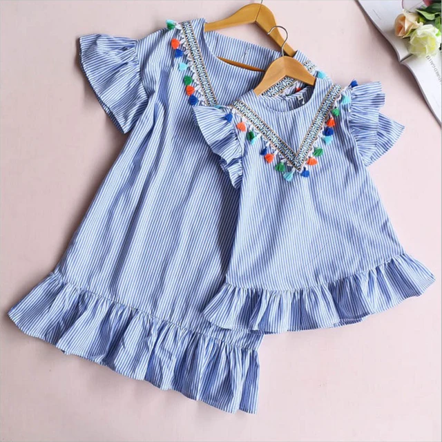 Newborn Baby Girl Family Matching Clothes Mom And Daughter Dress Nine Quarter Stripe Tassel Mini  Mother And Daughter Outfits 1