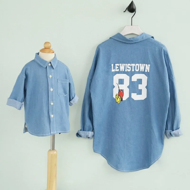 

Mother and Son Matching Clothes Long Sleeve Shirt Family Look Mum and Daughter Blue Outwear Outfits for Little Baby Clothing