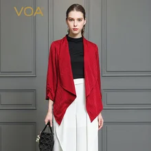 Voa шёлковый жаккардовый кардиган винно-Красного цвета Женская куртка офисная верхняя одежда повседневная женская летняя винтажная рубашка B2017