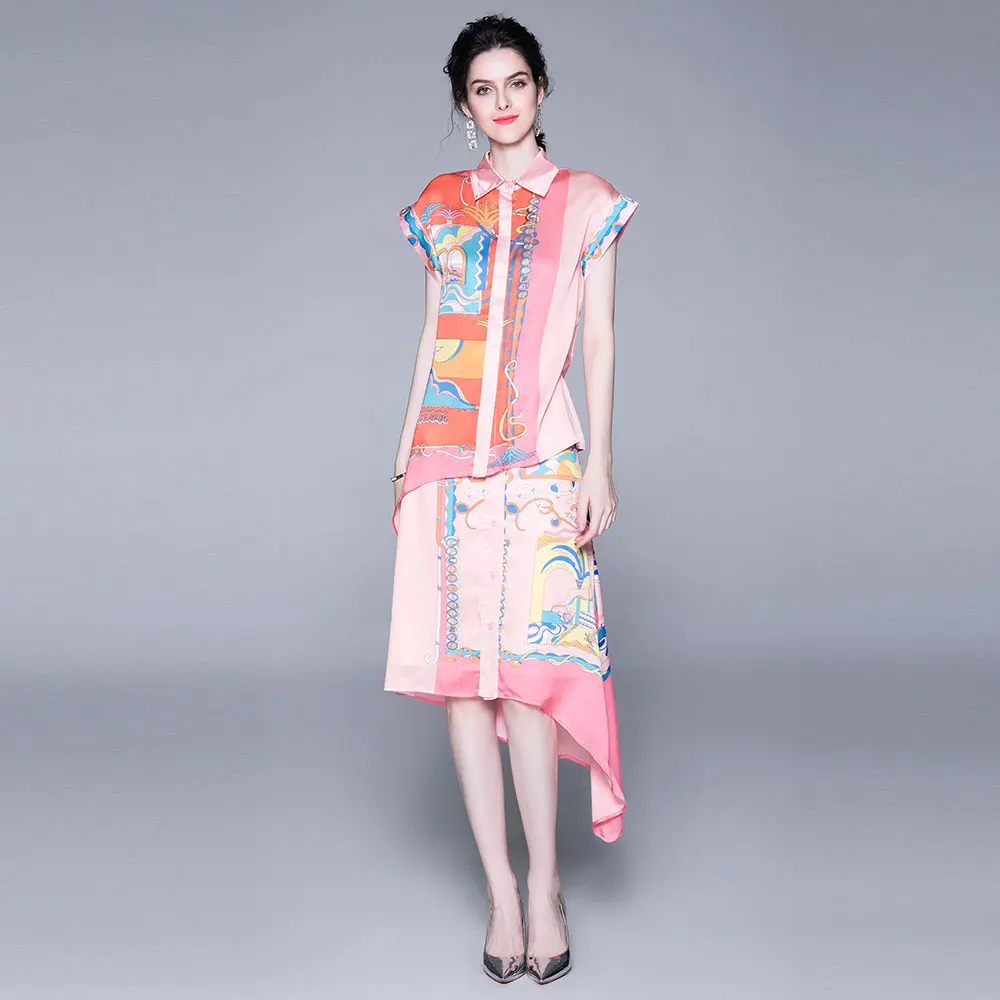 

Borisovich 2 Piece Skirt Set For Women New 2019 Summer Folk Style Vintage Print Female Tops Shirts And Knee-length Skirts N1468