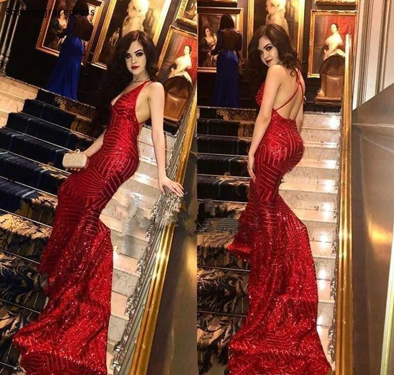 Full Sequins Prom Dresses 2019 Sexy Deep V Neck Crisscross Back Mermaid Prom Gowns Long Train Evening Party Dress BA9043  124 (2)