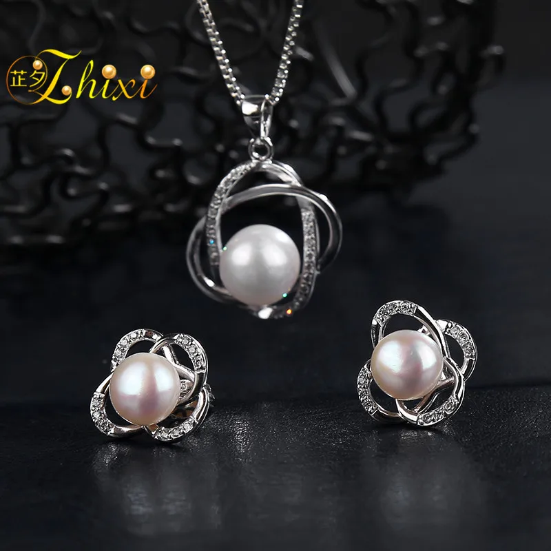 ZHIXI Wedding Pearl Jewelry Set Fine Jewelry Big Natural Fresh Water Pearl Necklace Pendant Earrings For Women Gift Cross T202