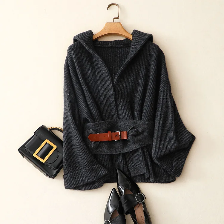 Кашемировый кардиган, свитер, куртка с капюшоном, женский зимний винтажный вязаный свитер, пальто с поясом, женский кардиган, плотная верхняя одежда - Цвет: Dark Gray