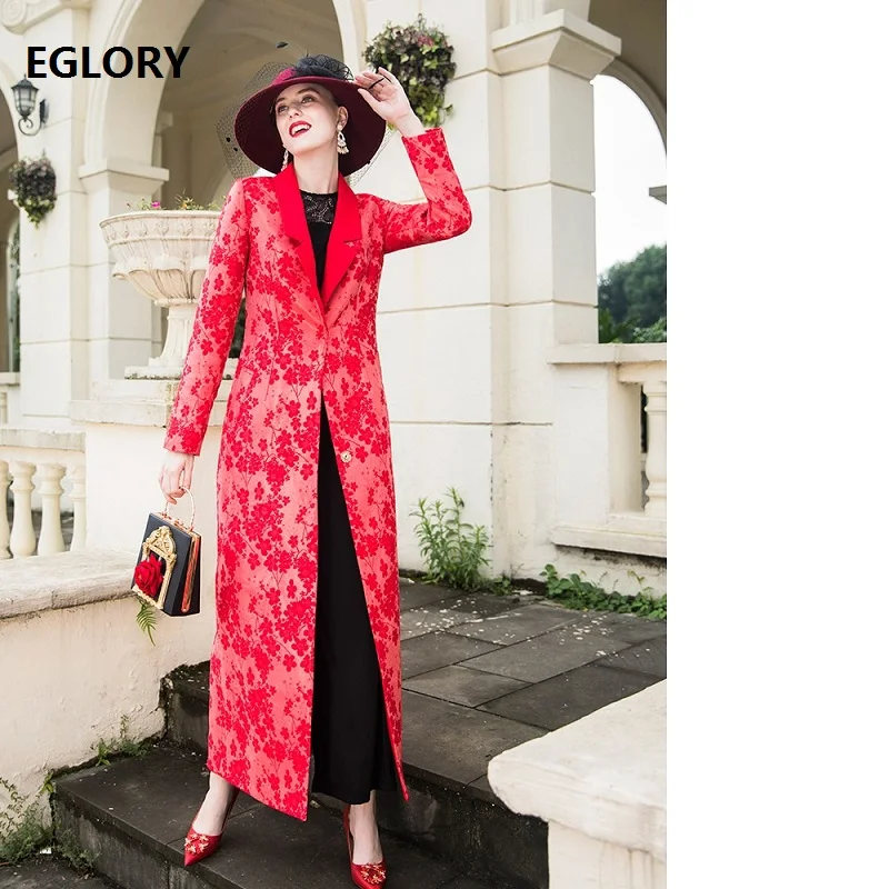 

xxxl Coat Trench 2018 Autumn Winter High Quality Overcoat Women Vintage Jacquard Pattern Covered Button Slim Fitted Long Coats